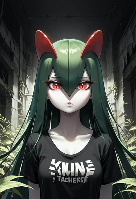 (((Kirlia))), female, anthro, pale white skin, score_9,score_8_up,score_7_up, masterpiece, best_quality, ultra-detailed, masterpiece, 1girl, solo, kirlia, black hair, very long hair, red eyes, cute, perfect face, thick eyeliner, hourglass body, high quality, low light, dramatic lighting, darkness, intricate details, portrait, ((face focused)), wearing ripped dirty black t-shirt, detailed background, post-apocalypse background, ruined house, overgrown with plants, (perfect eyes:1.3,((cat pupils))),dvr-lnds-sdxl, combinestyle