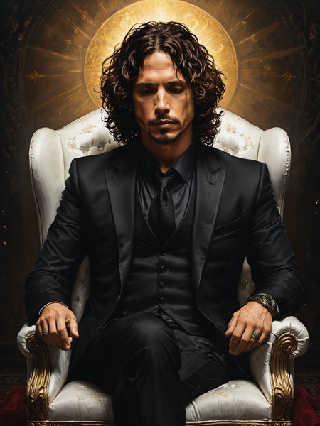 Renaissance style,   picture of Chris Cornell wearing a black suit, sitting in a white chair, (eyes closed:1.3), , Realistic, perspective, light and shadow, religious or mythological themes, highly detailed very detailed, intricate, beautiful, dramatic lighting, masterpiece, trending on artstation, very very detailed, stunning, hdr, smooth, sharp focus, high resolution, award, winning photo, dslr, 5 0 mm <lora:Misty_Vintage:0.5> <lora:xl_more_art-full_v1:0.5>
