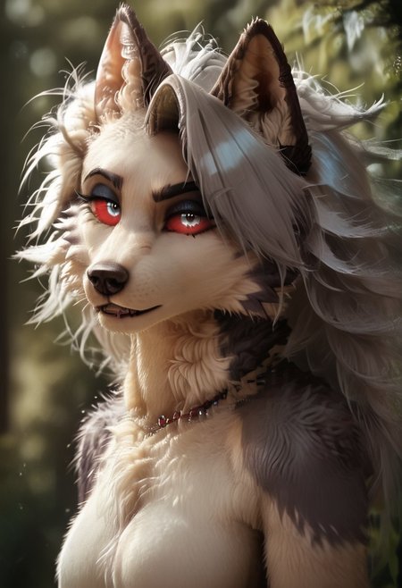 Score_9, loona, helluva_boss, furry, anthro, short hair, grey hair, animal ears, tail, dog girl, wolf girl, animal nose, dog tail, furry female, wolf tail, furry, wolf ears, dog ears, snout, two-tone fur, grey fur, furrification, makeup, fur, fur trim,  absurd res, red scelera, sharp focus, <lora:more_details:1.0> detailed background, volumetric lighting, detailed skin, detailed hair, extremely detailed, ultra 8k quality, white iris, high gradient eyes, medium breasts, flat color, dark theme, high definition eyes, fluffynegative, , white snout, 
Hyperrealistic, photorealistic, realistic, ultrarealistic, high definition, Fluffy, detailed fur, eyesHD, detailed_eye_model, highres, super high resolution, 8k,