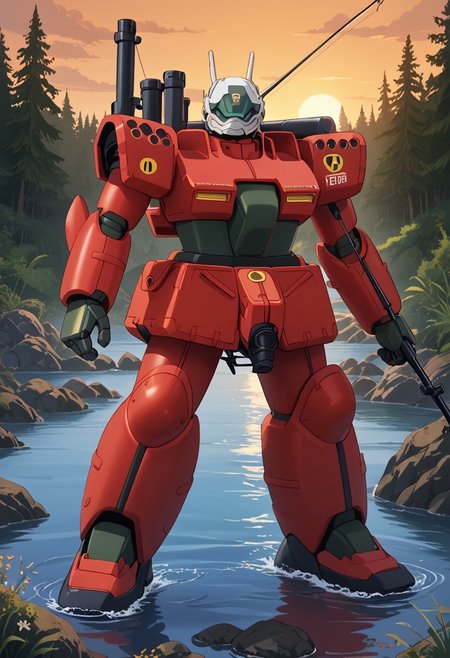 score_9, score_8_up, score_7_up, source_anime, front view, BREAK,  ( guncannon_mass_production_type, riverside, looking at viewer,) 1mech, copper mech, copper armor, metallic armor, water side, river bank, fishing, fishing rod, fishing pole, fishing line, holding fish, showing fish to viewer, shoulder cannons stowed, mech focus, solo, BREAK, two arms,