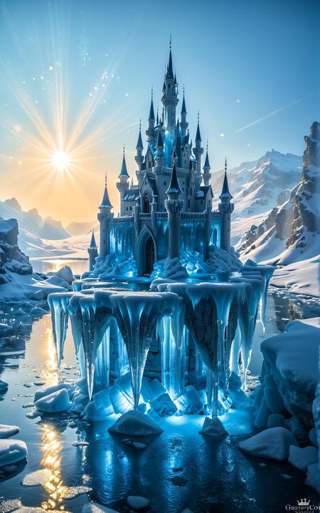 cinematic film still intricately called ice castle melting in the sun,crystal blue ice,flowing drops of water,reflective lights,refracted sunlight,spectacular image,ultra_detailed,8k.  masterpiece,trending on artstation,sharp focus,studio photo,intricate details,highly detailed,by greg rutkowski, . shallow depth of field, vignette, highly detailed, high budget, bokeh, cinemascope, moody, epic, gorgeous, film grain, grainy