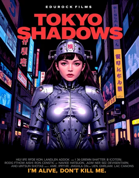movie poster, title: "TOKYO SHADOWS", up "EDUROCK FILMS,", "Subtext red: "I'm alive, don't kill me", show movie credits, <lora:MoviePoster02-00_CE_FLUX_128AIT:1> mvpstrCE style, very detailed pretty young cyberpunk anime afraid woman  dressing a brilliant silver armor with neon lights, anime, cyberpunk, futuristic, sci-fi, neon lights, colorful, holograms, monitors, screens, tokyo city buildings, <lora:Hand v2:1> <lora:Anti-Blur:1> <lora:CPA:1> <lora:MoviePoster02-00_CE_FLUX_128AIT:1> mvpstrCE style