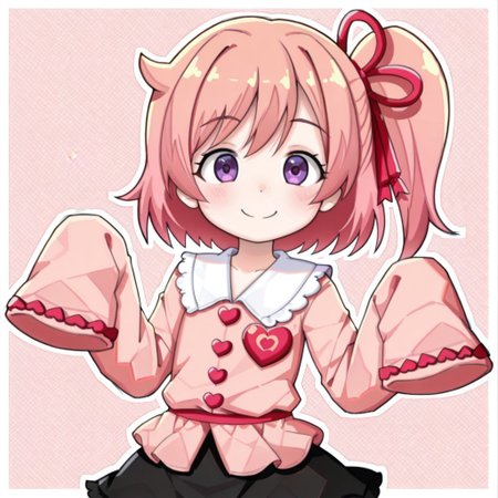 lazypos, character focused, anime girl, short hair, pink highlights, side ponytail, playful pose, winking expression, black skirt, pink blouse, white collar, red ribbon, purple eyes, cute smile, modern outfit, decorative trim, heart buttons, energetic mood, clean background, soft shading, kawaii style, vibrant palette, bopstyle