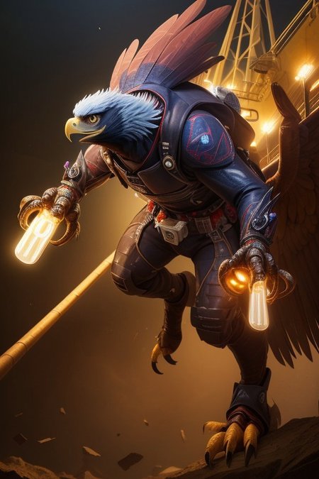 (ultra high res:1.4), (masterpiece), (beautiful lighting:1.4) , An menacing ladybug eagle hybrid creature with bullet like feathers in a oil rig and guns everywhere, hyperrealistic
