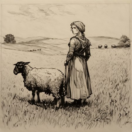drawix17 shepherd girl in a field with a sheep, black ink<lora:drawix17:1>