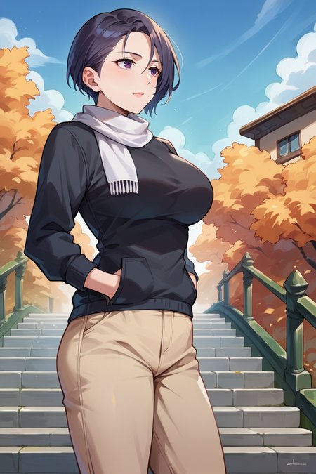 score_9, score_8_up, score_7_up, score_6_up, source_anime, BREAK 1girl,  <lora:shamir-pdxl-nvwls-v1-000006:1> defShamir, short hair, big breasts, black sweater, beige pants, hands in pockets, white scarf, outdoors, stairs, blue sky, autumn