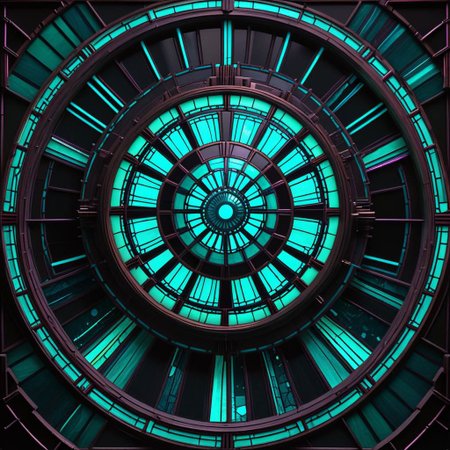 deathstar, clockwork, steampunk, stained glass, fiber optic, teal neon, troncore, radial, dark futuristic, dark space background