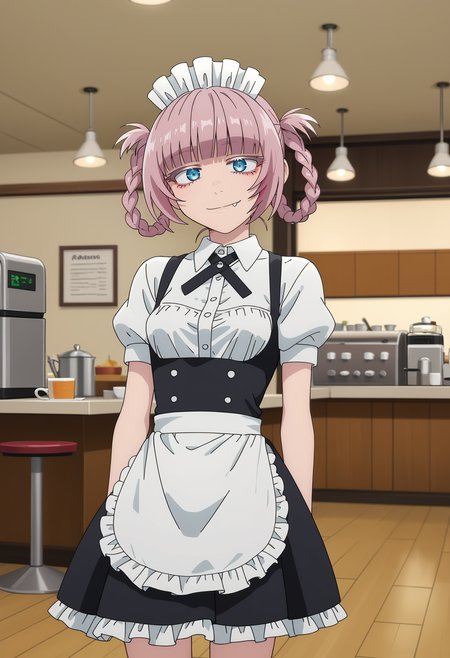 score_7_up, anime screencap,
<lora:YofukashiNoUta_NanakusaNazunaXL:0.8>, NanakusaNazuna,
1girl, solo, closed mouth, light smile,
pink hair, short hair, braid, hair rings, blue eyes, fang,
NanakusaMaid, maid dress, white shirt, ribbon, puffy short sleeves, white apron, frills
looking at viewer, thigh gap, cowboy shot,
blurry background, photo background, indoors, cafe