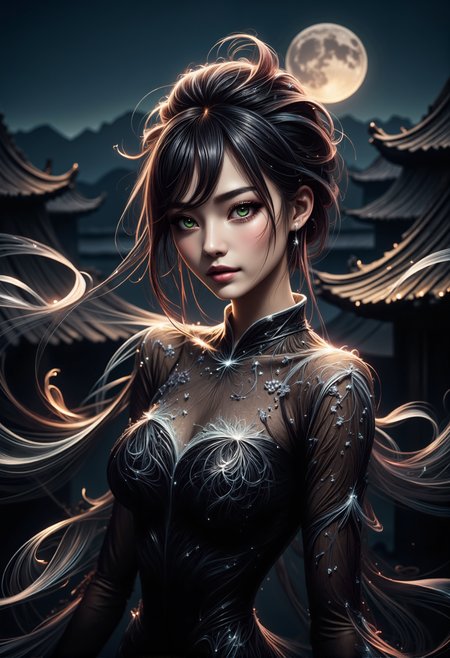 mad-wsps, xslx scribble, detailmaximizer. A medium close-up of a stunning young Asian woman, captured from her shoulders up as she gracefully dances under the full moon. Her delicate, smoky makeup enhances her deep green eyes, giving them an otherworldly glow, while the moonlight accentuates the red shimmer in her deep black hair. Her hair is styled in a traditional Chinese manner, with part of it pinned up and the rest flowing freely. The ornate details of her black dress, adorned with subtle white embroidery along the collar and sleeves, are visible. Behind her, the decorative eaves of the palace rooftop are highlighted by the soft moonlight, adding to the spiritual and mystical atmosphere., <lora:RealisticAnimeFlux_v2.safetensors:1.0:1.0> <lora:Wisps_of_Light_FLUX.safetensors:0.8:0.8> <lora:scribble-flux-v1.safetensors:1.0:1.0> <lora:aidmaImageUpgrader-FLUX-V0.1.safetensors:0.5:0.5>
