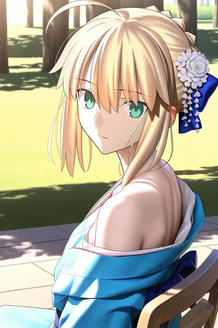 masterpiece,best quality,amazing quality,artoria pendragon(fate),1girl,solo,park,aqua kimono,bare shoulders,<lora:EL3GY-V15_purged:0.7>,sitting on chair,full_shot,looking at viewer,