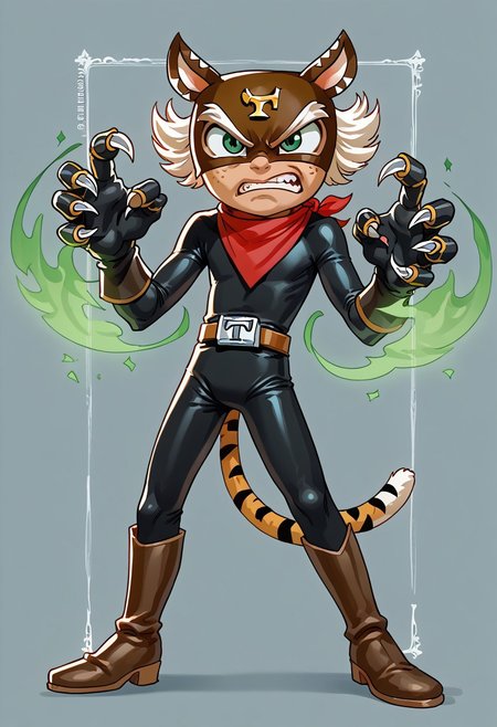 score_9, score_8_up, score_7_up, CuteCartoonStyle, 1boy, solo, male focus, El_Tigre, Mask, Green Eyes, white sideburns, Freckles, Cat Ears, Black Bodysuit, belt buckle, brown boots, Red Bandana around neck, black Gloves, tail, claws, green aura, angry,