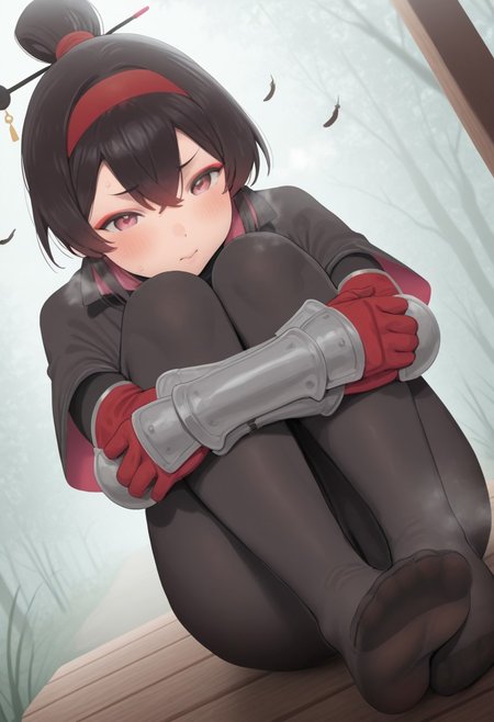 nekoshoko,  outdoors, undershirt, falling feathers, black bodysuit, hair stick, hugging own legs, , gauntlets,   eyeshadow,   red gloves,  high ponytail,  , black capelet, red hairband, pink eyes, 1girl, solo, feet, visible breath,   dynamic angle, foreshortening, smell, steam,