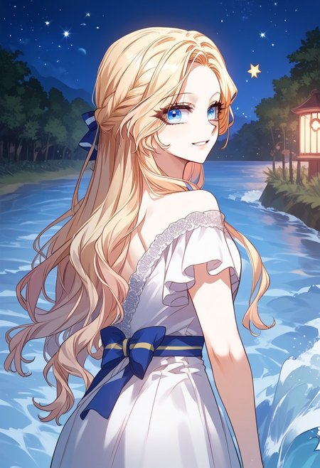 zPDXL3, score_9_up, score_8_up, score_7_up, (Anime_source), 1girl, DorotheaMillanaire, blue eyes, blonde hair, long hair, dress, (looking back), upper body, looking at viewer, smile, parted lips, night, star(sky), water waves, standing outside