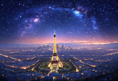 beautiful city in the night sky with Eiffel tower in her center, stars, anime style, dreamy, fantasy. The painting depicts a beautiful city under the night sky filled with stars in the realistic style. The scene seems dreamy and fantastical, 8K, ultrarealistic