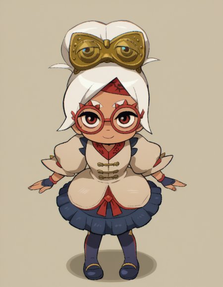 zPDXL, score_9, score_8_up, score_7_up, source_anime, 1girl, solo,
 <lora:LilPurah_v1.2:0.8> purah, sheikah, white hair, dark-skinned female, child, thick eyebrows, red eyes, red-framed eyewear, hair bun, goggles on head, beige jacket, blue skirt, frilled skirt, blue socks, kneehighs, blue footwear, mary janes, red headband, fingerless gloves, blue gloves, petticoat, light smile, <lora:ScottP-v2-3:0.8> scttp