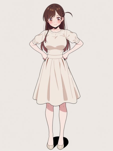 masterpiece,best quality,amazing quality,very aesthetic,absurdres,newest,
front view,full_shot,Wry smile,
ChinoseChizuruCYQL,1girl,solo,brown hair,long hair,bangs,brown eyes,large breasts,Classic and timeless A-line dress with a boat neckline and cap sleeves,
full body,standing,hands_on_hips,,
silver background,simple background,
<lora:ponyv4_noob1_2_adamW:0.7>,<lora:semham4:0.8>,,<lora:ChinoseChizuruCYQL:1>,