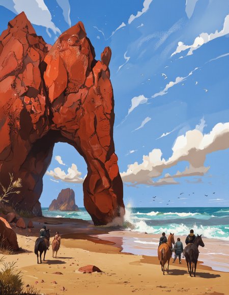 Art by Ismail Inceoglu.
A digital illustration shoot from the side about a scenic beach scene featuring a large rock formation with a unique archway, accompanied by three figures on horseback. the scene is set against a bright blue sky with fluffy white clouds and seagulls flying in the distance. on the left side of the image, a large red rock with intricate patterns is visible, and on the right side, a group of three people are standing on the beach, looking out at the vast expanse of the ocean. the people are dressed in casual clothing and appear to be engaged in conversation, with one person sitting on a horse and the other two standing beside them. the horses are black and brown, and they are facing away from the viewer. the beach is sandy, with the ocean stretching out in front of them, and the sky is a clear blue with a few white clouds scattered throughout.