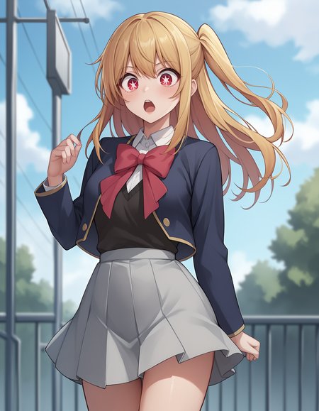 score_9, score_8_up, score_7_up, score_6_up, score_5_up, score_4_up, source_anime, 1girl, thin body, medium breasts, <lora:brj-ruby-pony-v0.5:0.8>, hoshino ruby, blonde hair, long hair, one side up, red eyes, mismatched pupils, star-shaped pupils, school uniform, red bow, grey skirt, legs, hips, shocked