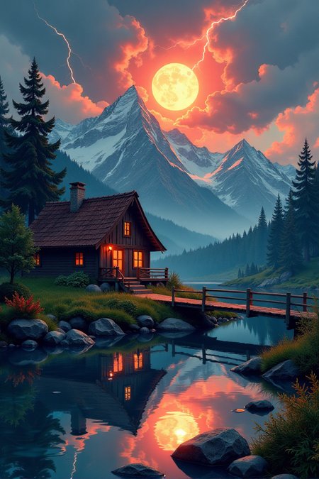 yfg-durer, Digital illustration style, rustic cottage beside a reflective river under a dramatic sky, intense fiery sun with swirling clouds and lightning, snow-capped mountains and pine trees in the background, vivid reflection on the calm water, wooden bridge leading to the house, dark and light with intricate textures and vibrant colors. The scene should include a rich variety of elements, each contributing to the overall atmosphere. Lighting should be soft, diffused, and natural, enhancing the depth and realism of the scene. The mood is to be calm yet vibrant, creating a sense of serenity and wonder. Every detail in the scene should be meticulously rendered, emphasizing the contrast between light and shadow, and capturing the fine textures and subtle gradients. The color palette should be carefully chosen to evoke emotion, with each hue enhancing the aesthetic appeal of the overall composition. The final image should be immersive and captivating, drawing the viewer into its intricately detailed world.âââ