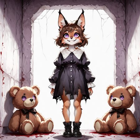 1girl, furry, anthro, feline, solo, cat girl, caracal cat, brown hair, bob cut, hair flaps, wavy hair, purple eyes, megafluffy, petite, anthro, female, full body <lora:Mega_Fluffy_IL:1> <lora:spo_sdxl_10ep_4k-data_lora_webui:0.9> <lora:illustrious_quality_modifiers_masterpieces_v1:0.9> masterpiece, best quality, very aesthetic  <lora:Unsettling_Pony:1> unsettling, dirty, grimy, 1girl, creepy eyes, vacant stare, dirty wall, facing viewer, creepy smile, teddy bear, torn clothing, bloodstains