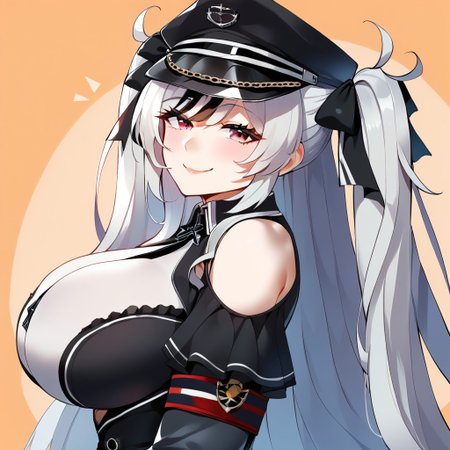 1girl, solo, portrait, close-up, from side, smug, closed eyes, abstract background, masterpiece, amazing quality, best quality, very aesthetic, absurdres, zPDXL3, by marushin, elbe \(azur lane\), elbedefault, multicolored eyes, multicolored hair, streaked hair, very long hair, twintails, two side up, black dress, frilled dress, shoulder cutout, bare shoulders, long sleeves, frilled skirt, black gloves, peaked cap, black headwear, strap between breasts, hair ribbon, (mature female:1.2), large breasts, curvy, beautiful face, highly detailed faces and eyes,