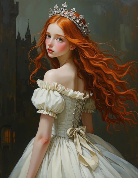 masterpiece, high quality, Oil Painting, Hyper-realistic, hyper-detailed painting of an awkwardly beautiful petite teen princess who is wearing a simple Victorian dress that is corseted, hooped, and bustled, she is prim and proper. She has a silver crown and is standing outside a castle. She has white skin, green eyes, and flowing red hair. She is spinning around in confusion. She looks like a fashion model. Focus on the girl, shadow and light, Masterpiece, intricate lines, intriguing atmosphere, sharp magnificent details, delicate features, elaborate details, (2\3 rule composition:0.5), ultra detailed, romantic, Rembrandt lighting, brush stroke, lovely, novuschroma, in the style of Rembrandt. vantablack <lora:style_of_Rembrandt_FLUX_135:.6> <lora:- Flux1 - vanta_black_V2.0:.3> <lora:neeeg_f1:-1> <lora:113_novuschromaFLX_1:.3> <lora:Midjourney_Whisper_Minimal:.4>