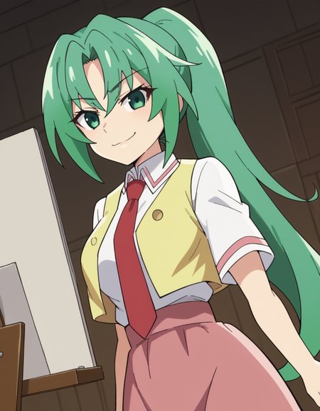score_9, score_8_up, score_7_up, source_anime, <lora:mion-sonozaki-s4-ponyxl-lora-nochekaiser:1>, mion sonozaki, long hair, green eyes, ponytail, green hair, large breasts,, skirt, shirt, school uniform, white shirt, short sleeves, necktie, vest, red necktie, pink skirt, high-waist skirt, long skirt, open vest, yellow vest,, museum, art exhibit, paintings, observing, quiet contemplation, cultural experience, , smug, looking at viewer, solo,, dutch angle, cowboy shot