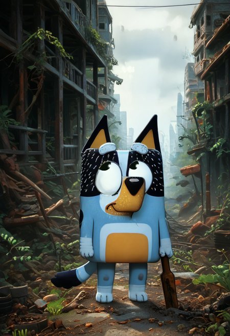 score_9, score_8_up, score_7_up, volumetric lighting, masterpiece, best quality, absurdres, newest, perfect quality, best quality, absolutely eye-catching, detailed, intricate details, ultra-detailed, source_anime, ruanyi0723,post-apocalypse,overgrown,moss, ((1boy, solo, bluey style, blueyxl, boxchibi, bandit heeler, cartoon, dog, furry, ((narrowed eyes, white sclera, empty eyes, black eyes, half shut eyes)), blue skin, blue fur, thick eyebrows, dog tail, dog ears, black nose, holding a rifle with both hands, walking on two legs, wandering on the road)), ((cautious, anger, furious, scared expression)), watching out for monsters, BREAK, realistic background, 2d character, outdoor, post-apocalypse, destroyed buildings, overcast, cloudy, realistic, overgrown post apocalyptic street, broken cars, dilapidated houses, houses covered in moss, road is damaged, A decayed ruined abandoned city full of decrepit concrete structures hollowed out by the ravages of time slowly being enveloped and overgrown by verdant foilage with grass, vines and trees cracking the remains of pavement and growing through gaps in the masonry, post apocalyptic, depth of field, BanditPXL, (((googly eyes))),