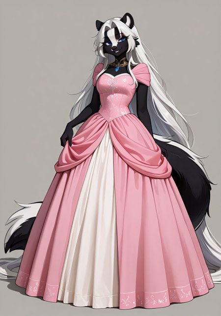 masterpiece, best quality, very aesthetic, absurdres,
Simple background, gray background,
Pink ballgown, a woman in a dress posing for a picture, wearing a ballgown,
full body, standing, posing, 
seductive smile, parted lips, long eyelashes,
 <lora:Amberr_v02_NAIXL:1>, <lora:hair_length_ILXL_v1:8>, <lora:edgBallgownPonyv1:1>, <lora:parted_intakes:1>,
Amberr, 1girl, solo, furry, furry female, skunk girl, white hair, skunk ears, absurdly long hair, parted bangs, hair intakes, blue eyes, snout, animal nose, body fur, black fur, white fur, two tone fur, skunk tail,