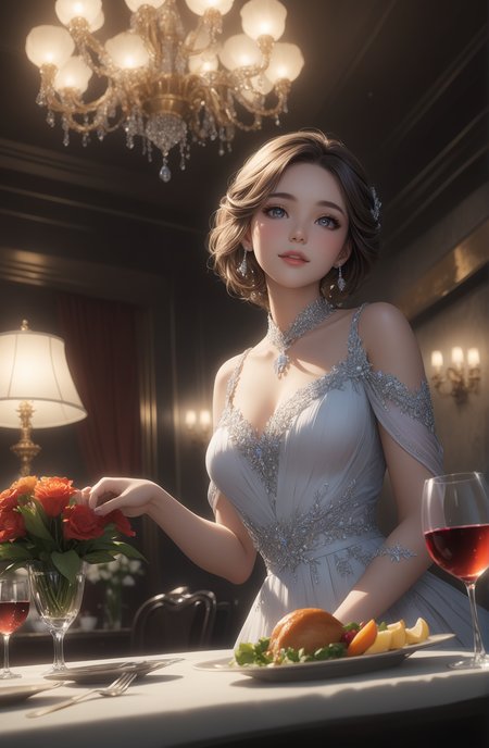 1woman,sits in an upscale restaurant enjoying her meal,Dining is the happiest thing for her,The table is laden with a variety of luxurious dishes and wine. She is brimming with joy,eagerly preparing to savor the feast,The happiness on her face is already hard to conceal,(from_below:1.3),full_shot,cinematic_angle,(dynamic_angle:1.3),
She is dressed in a pleated dress,which outlines her graceful figure. Her slender arms and snow-white long legs are full of allure,
(anime:1.3),masterpiece,best quality,Highly detailed,Professional,absurdres,extreme detail description,highres,realistic,photorealistic,perfect anatomy,wallpaper,Cinematic Lighting,cinematic bloom,available light,atmospheric lighting,moody lighting,
,,,<lora:add-detail-xl:2>,<lora:ç»èè°æ´-ç¾å­¦aesthetic_anime_v1s:1.2>,<lora:ä¿®å¤-ç¼DetailedEyes_V3:1.5>