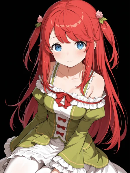 theresi4, red hair, blue eyes, long hair, two side up, hair flowers, hair ornament,
theresi4dress, green dress, off shoulder dress, bare shoulders, hair flower, frills, frilled sleeves, red bows, white pantyhose, white skirt, long skirt, juliet sleeves,
upper body, looking at viewer,  light smile, blush,  <lora:Theresia van Astrea Illu:1>, masterpiece, best quality, amazing quality,, (simple background, black background:1.5),