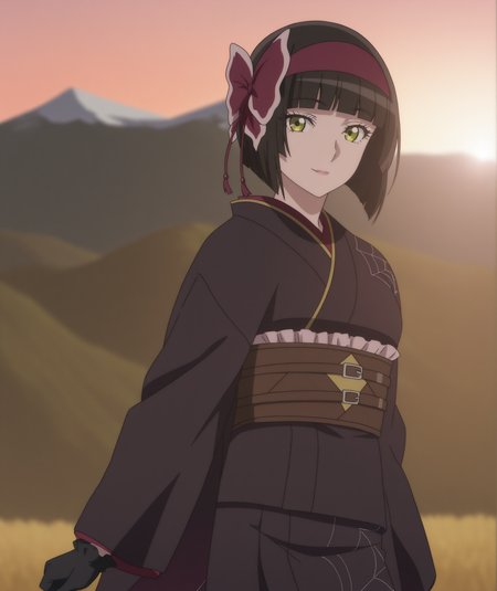 official art, absurdres, highres, anime coloring, hi res, best quality, masterpiece, 2d, intricate details, 4k,
1girl, solo, female, eyelashes, nose, short hair, bangs, green eyes, yellow eyes, black hair, blunt bangs, bob cut,
hairband, red hairband, pink hairband, bow, ribbon, hair ribbon, hair bow, red bow, 
gloves, black gloves, japanese clothes, kimono, sash, obi, black kimono, spider web print,
cowboy shot, looking at viewer, contrapposto, 
depth of field, outdoors, sunlight, mountain, mountainous horizon, <lora:Mio_(Character)_ILXL:1>, mio \(tsuki ga michibiku isekai douchuu\), tsuki ga michibiku isekai douchuu,