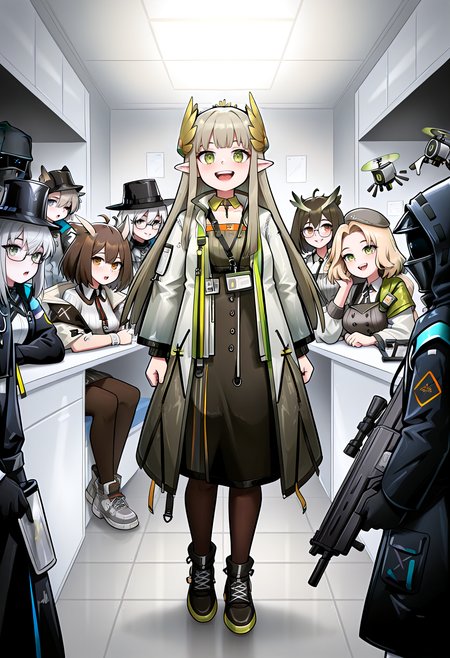 IllustriousQual <lora:StS-Illustrious-Detail-Slider-v1.0:2> <lora:cfg_scale_boost:0.3>,detailed_background,indoors,nasti \(arknights\),highres,drone,multiple girls,green eyes,gun,arknights,coat,muelsyse \(arknights\),jara \(arknights\),glasses,tin man \(arknights\),jacket,rhine lab logo,holding,kristen \(arknights\),brown hair,6+boys,hat,parvis \(arknights\),silence \(arknights\),6+girls,id card,hair ornament,animal ears,absurdres,white hair,ferdinand \(arknights\),grey hair,doctor \(arknights\),ho&