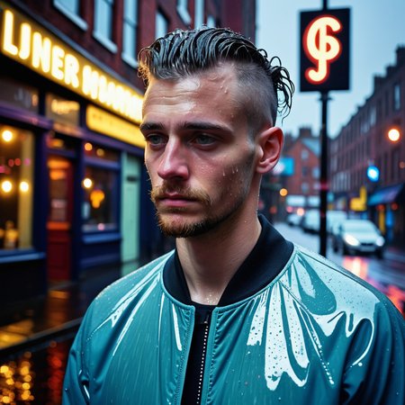 ethereal dreamlike photograph evoking ennui and desperation tinged with sadness, a Mancunian dude with very shirt undercut wet hair and a damp track suit outside a hipster bar on a rainy Northern Quarter street, vividly queer, high saturation