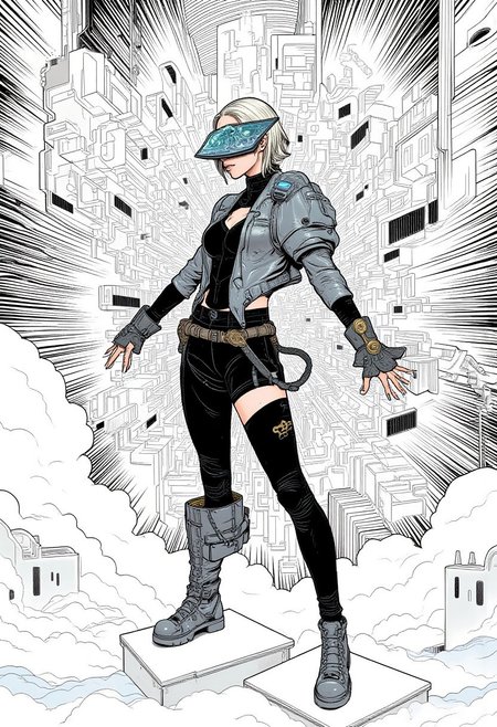 A hyper-realistic long shot of a woman standing atop a geometric pedestal, exuding confidence with one leg slightly bent and her arms outstretched, commanding the space around her. Her avant-garde outfit, inspired by brutalist architecture, features angular metallic silver and black panels with sharp, asymmetrical cutouts. A large, angular chrome silver piece resembling a shattered building fragment obscures her eyes, reflecting light with polished texture and subtle smudged light. Her short platinum mullet hairstyle complements the architectural theme. The background is a dynamic optical illusion crafted using only black-and-white linear lines in Mat Miller’s style. Bold black lines of varying thickness form a grid-like pattern, alternating between thick and thin. Some lines are angled inward, while others extend outward, creating depth. Lines converge toward the viewer, while others stretch back, making areas appear to bulge outward. The lines radiate from focal points, creating a 3D vortex effect. At the edges, the lines tighten, and in the center, they curve inward, intensifying the illusion. The high-contrast black and white enhances the depth, while the sharp linear patterns echo the architectural design of her outfit, adding a surreal, dynamic quality to the scene.