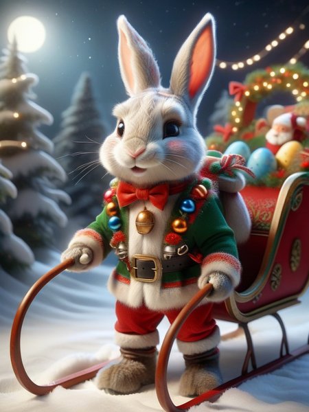 ral-santasleigh, a photorealistic easter bunny decorated is pulling Santas sleigh,  the Easter Bunny is adorned with festive colorful harness <lora:ral-santasleigh-sdxl:1>
