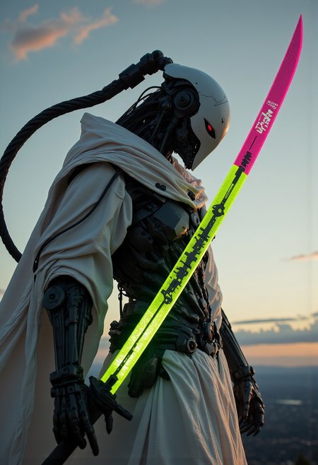 Head Closeup, dark-mood-mod, a photorealistic image, depicting a sleek armored mech-knight with exposed wires and intricate technical parts. A Future soldier in dynamic Pose. The scene is set at dusk, with the sky transitioning from a soft, pale blue to a deeper, cooler hue, and the horizon lined with wispy, scattered clouds. The dominant feature in the image is His mechanical mechanical edgy weapon, a intricate designed realistic katana, oversized and intricate, its translucent bleaked neon pink and Green surface and luminous translucent Material stark against the sky. dressed in a Armor with a long, flowing white robe that appears to be made of a dark, coarse translucent material, blending into the dark tones of the landscape. (raytracing:1.3), (ambient occlusion), (cinematic lighting:1.3), (chromatic aberration), (4K image quality:1.3), (sharp detail:1.3), (highly realistic:1.3), (dim warm cinematic lighting:1.3)