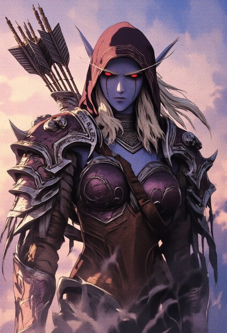 This is an elf woman. Silvana. with a blue skin tone and red glowing eyes. She wears armor with spikes and skulls, which gives her an intimidating appearance. She has long blonde hair that is partially covered by a hood. Behind her is a quiver of arrows, Her expression and posture convey confidence and cold calm, while fog or smoke hovers around her. The background is painted in soft sunset shades, adding drama to the scene