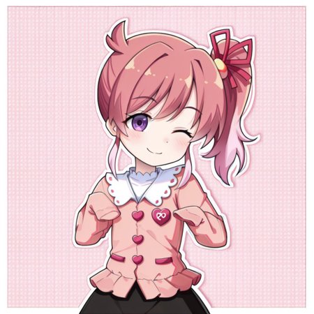 lazypos, character focused, anime girl, short hair, pink highlights, side ponytail, playful pose, winking expression, black skirt, pink blouse, white collar, red ribbon, purple eyes, cute smile, modern outfit, decorative trim, heart buttons, energetic mood, clean background, soft shading, kawaii style, vibrant palette, bopstyle
