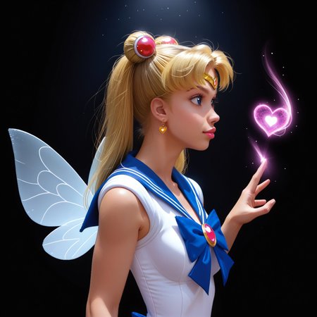 ((profile view)), 1girl, 25 years old, Sailor Moon, Pretty Sailor Suited Soldier Sailor Moon, magic girl, magical, hearts, sprite, magical skin, fairy, wings,