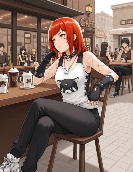 masterpiece,best quality, absurdres, highres,   <lora:Irene Illu 1:0.9> ireneillu, black gloves, spiked collar, fishnets, tank top, cross necklace, black pants, sneakers, crossed legs,