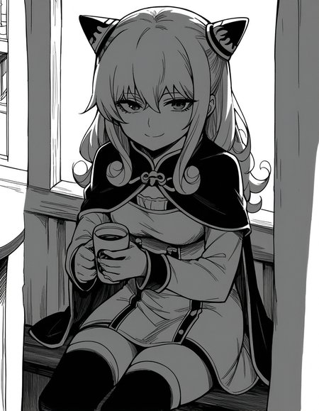 score_9, score_8_up, score_7_up, source_anime, <lora:ashe-talton-manga-ponyxl-lora-nochekaiser:1>, rengoku ashe, long hair, greyscale, monochrome,, thighhighs, long sleeves, capelet, cape, dress, white dress,, cafe, coffee cup, barista, sitting down, talking, relaxing, sunlight through window, smile, looking at viewer, solo,, cowboy shot, dutch angle
