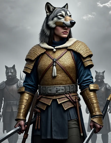 realistic photo , Dacian woman in tarabostes armour wearing above the helmet a wolf skin, wolf fur<lora:DaciiV6:0.5>