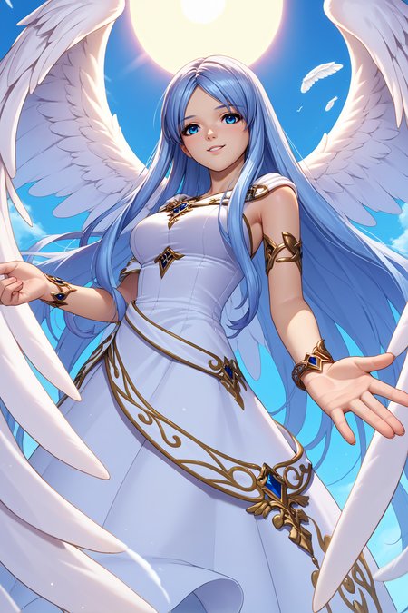 score_9, score_8_up, score_7_up, score_6_up, source_anime, 1girl, solo,  <lora:ysfeena-pdxl-nvwls-v1-000004:1> angelFeena, light blue hair, very long hair, blue eyes, angel wings, white dress, armlet, bracelet, big breasts, from below, outstretched hand, looking at you, smile, blue sky, sun