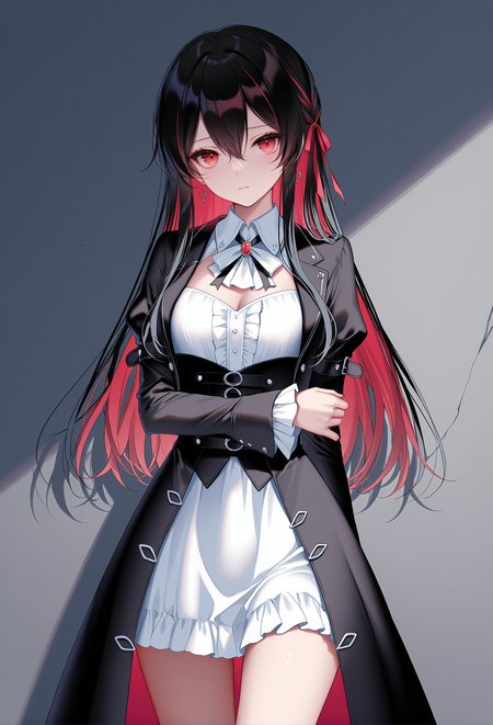 masterpiece, best quality, newest, absurdres, highres,(bison cangshu: 0.6),(hiten \(hitenkei\):0.4),(rimuu:0.5),(mignon:0.5),(sheya:0.6),cowboy shot, 
  ren(def), 1girl, long hair, black hair, multicolored hair, red eyes, hair between eyes, red hair, colored inner hair,
after rape, <lora:ren(witch)XLNAI:1>