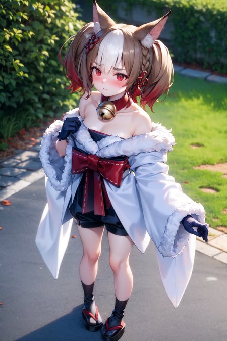 <lora:sekkatest:0.9>, 1girl, she is covering her face with her hands in embarrassment, hands on own face, covering face, ((her long and wide sleeves reach almost to the ground and have an intricate embroidery at the lower end)), standing, full body, (highres, realistic, best quality, masterpiece, ultra-detailed, textured, ambient lighting, cinematic lighting), animal ears ,1girl , fox ears ,bangs , red eyes , multicolored hair , twintails , animal ear fluff ,brown hair , hair ornament ,bell , solo , looking at viewer ,braid ,neck bell , fox girl , jingle bell ,gloves , fur trim , ribbon ,two-tone hair ,japanese clothes ,off shoulder ,bare shoulders ,collar ,bow , (long sleeves) , streaked hair ,blush , black gloves , tail ,white hair , fox tail , kimono ,wide sleeves , red bow , red ribbon ,multiple tails , red hair , collarbone , hair ribbon , short hair , choker , socks , shorts , ribbon trim , sash , black shorts , rope , small breasts , white kimono , fur-trimmed sleeves , tabi , black footwear , black socks , gradient hair , v-shaped eyebrows , dress ,sandals , hair between eyes , obi , medium hair , grey hair , thick eyebrows , short twintails , strapless , sweat , shimenawa , outdoors , fur-trimmed kimono kitsune, cloth, satin, silk, fur, (embarrassed, shy, flustered, hands on own face, covering face, peeking out, peeking through fingers, :1.4 )