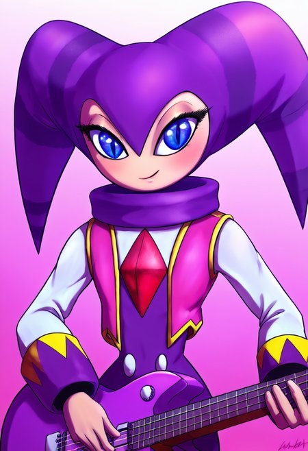 NiGHTS, 1other, jester, blue eyes, large eyes, long eyelashes, androgynous, impossible clothes, purple jester cap, ((purple jester cowl)), purple bodysuit, red gem, purple and yellow cuffs, red sleeveless vest, long white sleeves, noseless, humanoid, perfect anatomy, solo, (insanely detailed, beautiful detailed face, masterpiece, best quality), (sharp), score_9, score_8_up, score_7_up, score_6_up, highest quality, 8K, RAW photo, source_anime, perfect face, perfect hands, playing_instrument, electric_guitar