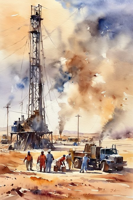 Watercolor painting of Watercolor,oil well mining scene in the Middle East desert,tent,equipment,workers are busy working,the shadow of the pumping unit in the distance,dark clouds,watercolor,Vibrant,beautiful,painterly,detailed,textural,artistic,<lora:Watercolor _sdxl:1>, Watercolor style,