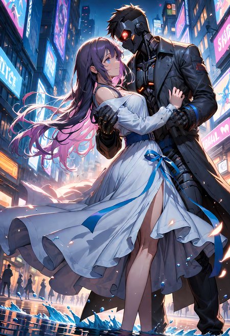 (1man), 1girl, best quality, masterpiece, very aesthetic, absurdres, ultra detailed, intricately detailed
, woman dancing with male shadow, dancing on waves of water, city street
, mysterious cyberpunk dream, cinematic shot
BREAK male cyborg, (tall), (long black trenchcoat), torn black hakama, dancing, (black featureless shadow face), blue ribbon belt
BREAK female wearing long white flowing dress, blue ribbon belt, dancing, longing gaze, slight smile, black hair, purple hair, multicolored hair, blue eyes
<lora:Hyper-SDXL-12steps-CFG-lora:1> <lora:add-detail-xl:0.2>  <lora:spo_sdxl_10ep_4k-data_lora_webui:0.2>