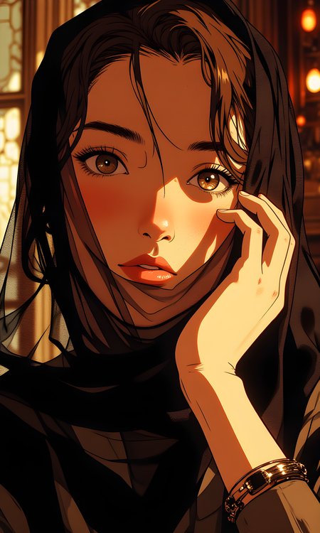 A woman's face is the central subject, partially obscured by a sheer black veil that drapes over her head and shoulders. The camera captures her in close-up, focusing on her expressive eyes and the delicate texture of the veil. Soft, diffused lighting highlights her features, creating gentle shadows that add depth to her face. The light source appears to be natural, possibly from a window or softbox, which enhances the intricate details of the veil and her skin. In the background, there are blurred elements that suggest an indoor setting, with warm tones adding to the intimate atmosphere. The composition centers on the woman's face, with her hand gently touching the side of her face, drawing attention to her expression and the texture of the veil. The overall mood is one of mystery and elegance, enhanced by the interplay of light, shadow, and the delicate fabric.
BREAK anime, d13s3lp2nk, bboil artist style, OBdonman, Anime art, <lora:FLUX\Anime Art V3:0.2>, <lora:FLUX\Synesthesia:0.2>, <lora:FLUX\RetroAnimeS1.1:0.5>, <lora:FLUX\Flux-jijia:0.1>, <lora:FLUX\It's a LoRA for portraits, BUT! actually specialized in backgrounds. v1.0:0.1>, <lora:FLUX\GLSHS:0.2>, <lora:FLUX\Dieselpunk Delight - s0_9 g4:0.4>, <lora:FLUX\OBdonman, anime0style portrait:0.1>